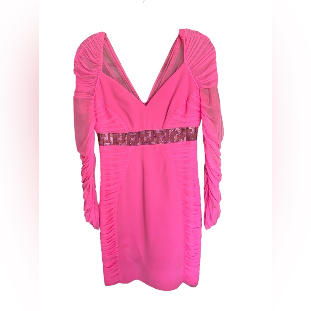Versace Neon Pink Crystal Embellished Draped Tulle Crepe Mini Dress Sz0|2
